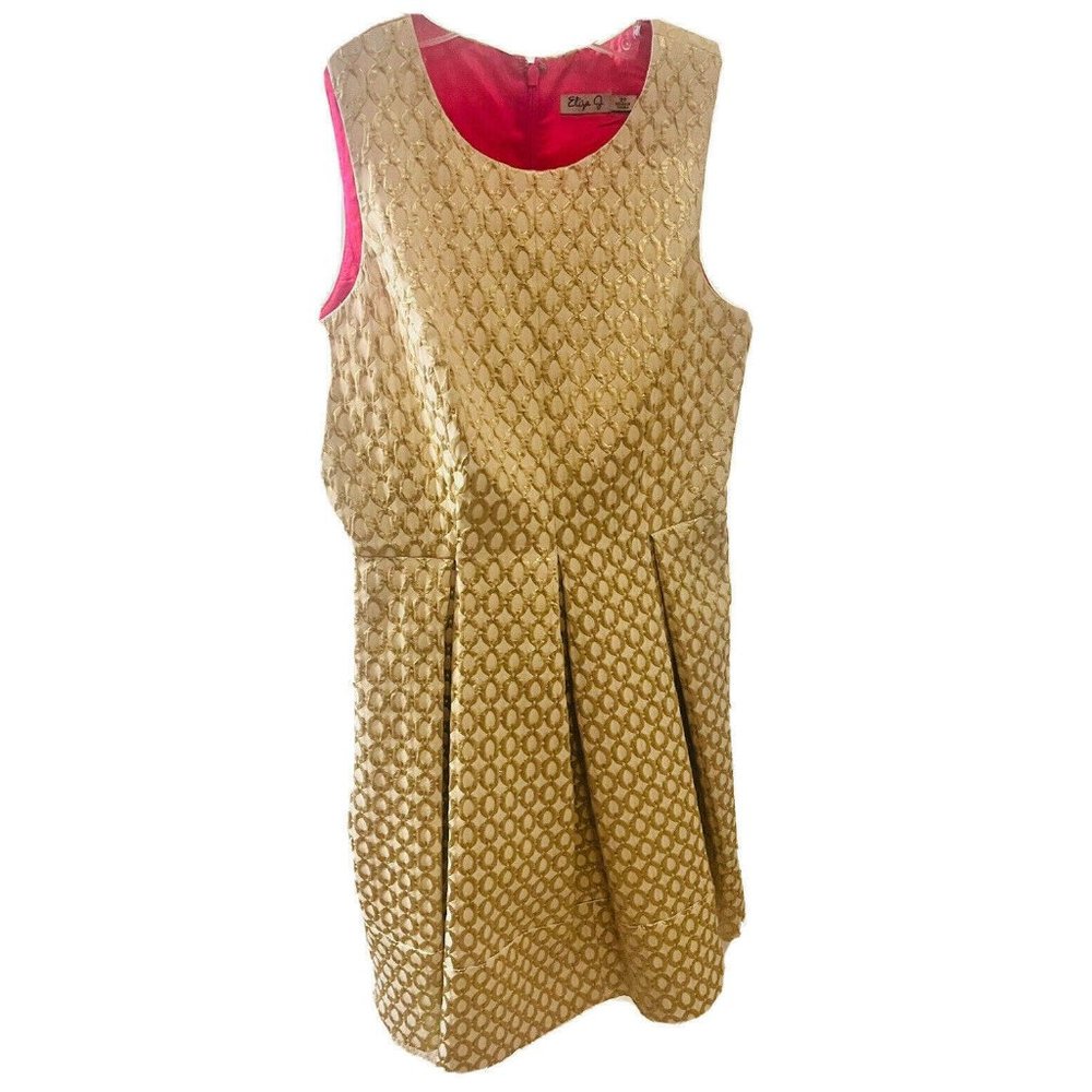 Eliza J Gold Brocade Sleeveless Fit-and-Flare Dress with hot Pink belt &lining